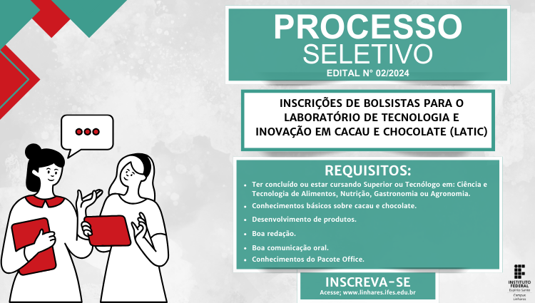 Edital N° 02/2023 - Processo Seletivo de bolsistas para o Laboratório de Tecnologia e Inovação em Cacau e Chocolate (LaTIC) campus Linhares